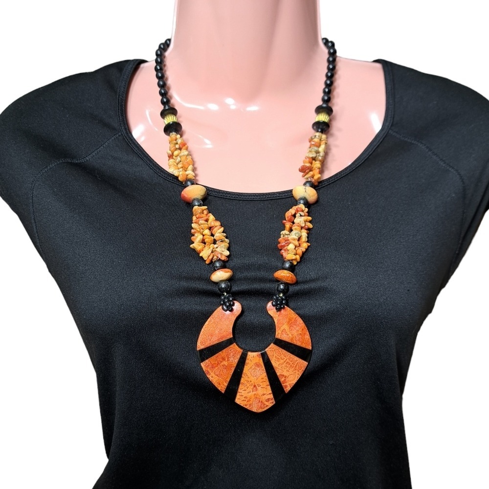 Handmade Tribal Ethnic Orange & Black Necklace 14 Inches
